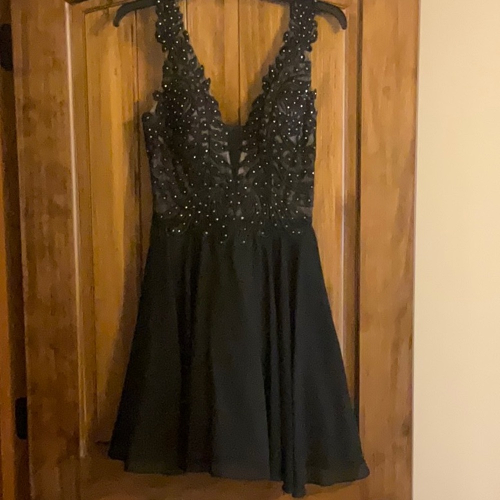 Black Plunge Neckline Embellished Cocktail Dress